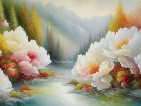 Serene Floral Landscape with Misty Mountains