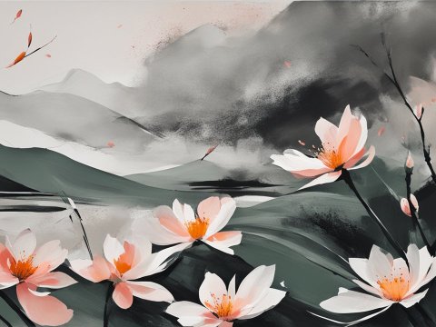 Serene Floral Landscape with Soft Pastel Blossoms