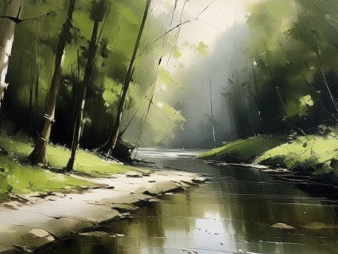 Serene Forest River in Oil Painting