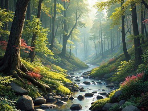 Serene Forest Stream in Autumn Light