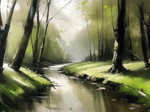 Serene Forest Stream Oil Painting