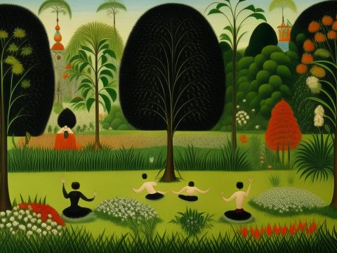 Serene Garden Meditation with Stylized Trees and Figures
