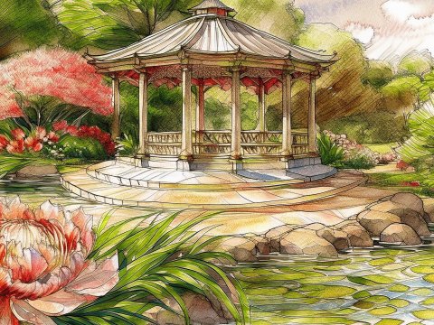 Serene Garden Pavilion by the Water