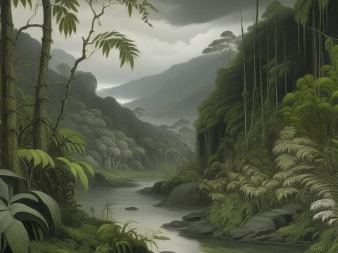 Serene Gray Jungle Landscape with River and Lush Foliage