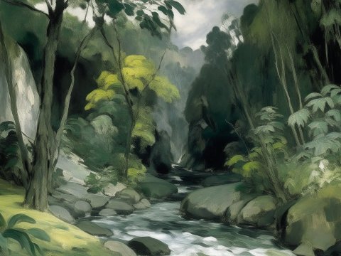Serene Gray Jungle River Landscape