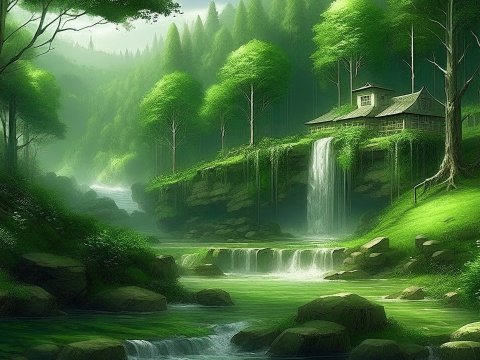 Serene Green Forest Waterfall with Traditional House