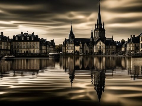 Serene Historic Town Reflected on Rippling Water