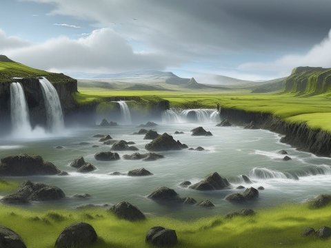 Serene Icelandic Waterfalls and Rocky River Landscape