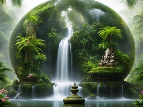 Serene Indian Temple with Ganesh Statue and Waterfalls