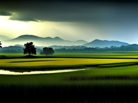 Serene Indonesian Landscape with Lush Green Fields and Mountains