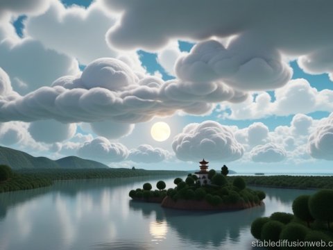 Serene Island with Pagoda Under Fluffy Clouds