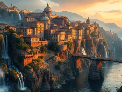 Serene Italian-Style Cityscape with Waterfalls at Sunset