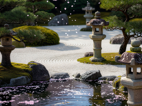Serene Japanese Garden with Koi Pond and Cherry Blossoms