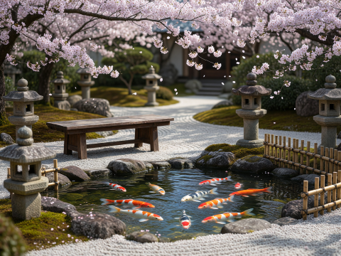 Serene Japanese Garden with Koi Pond and Cherry Blossoms