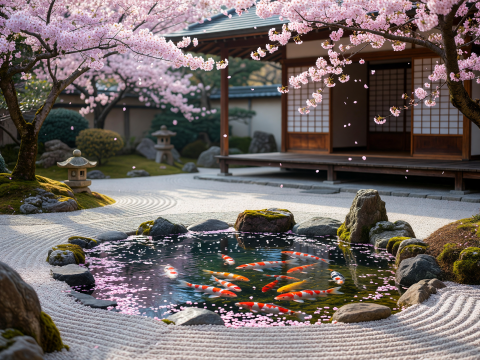 Serene Japanese Garden with Koi Pond and Cherry Blossoms