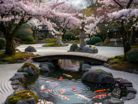 Serene Japanese Garden with Koi Pond and Cherry Blossoms