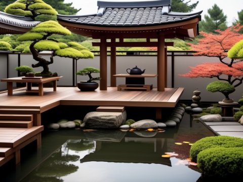 Serene Japanese Garden with Traditional Pavilion and Pond