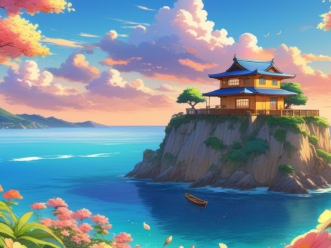 Serene Japanese House on a Cliff at Sunset