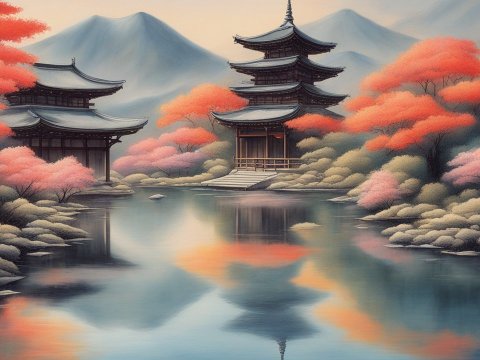 Serene Japanese Landscape with Pagodas and Autumn Foliage
