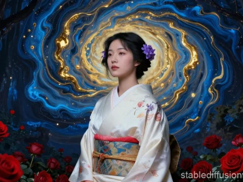 Serene Japanese Woman in Traditional Kimono with Mystical Swirling Background