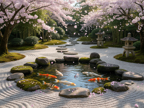 Serene Japanese Zen Garden with Koi Pond and Cherry Blossoms