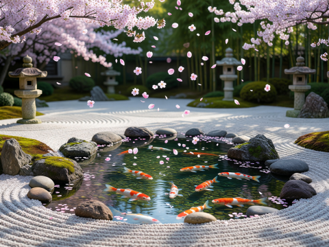 Serene Japanese Zen Garden with Koi Pond and Cherry Blossoms