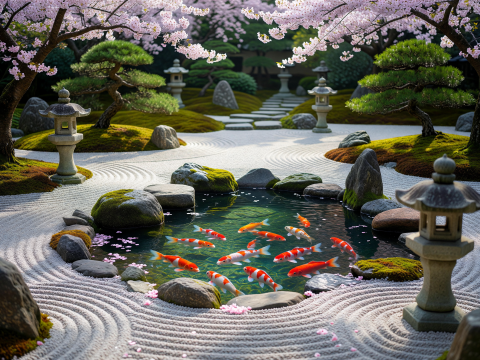 Serene Japanese Zen Garden with Koi Pond and Cherry Blossoms