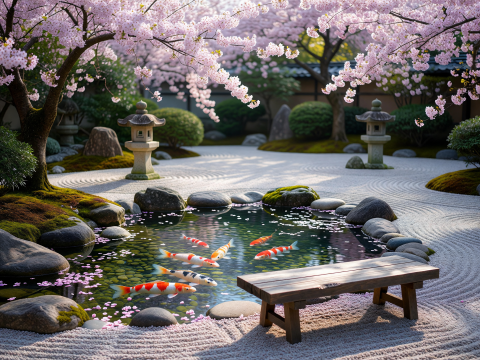 Serene Japanese Zen Garden with Koi Pond and Sakura Blossoms