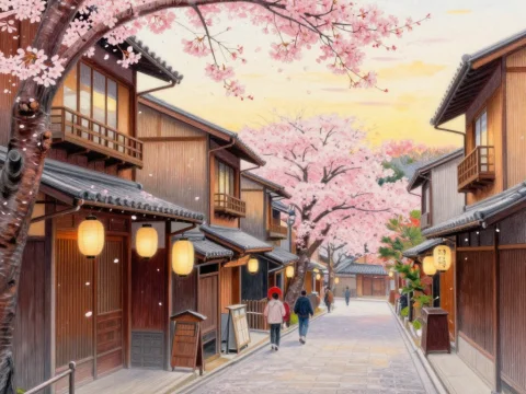 Serene Kyoto Street with Cherry Blossoms at Sunset