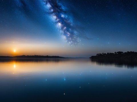 Serene Lake at Sunset with Milky Way Reflection