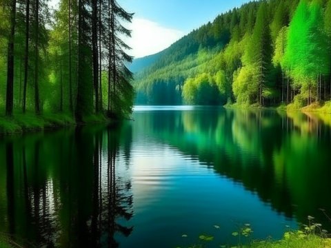 Serene Lake Surrounded by Lush Green Forest