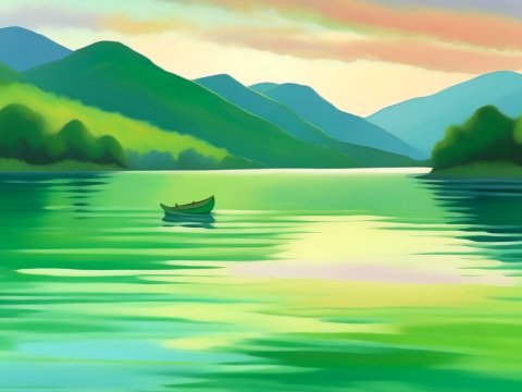 Serene Lake with Boat and Rolling Hills at Sunset