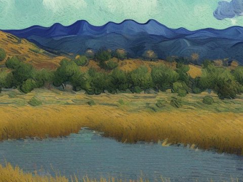 Serene Landscape with Mountains and River in Painting Style