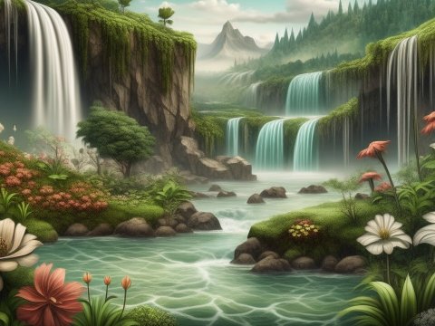 Serene Landscape with Multiple Waterfalls and Lush Flora
