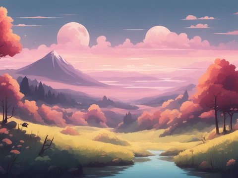 Serene Lofi Landscape with Twin Moons and Autumn Trees
