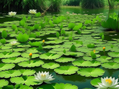 Serene Lotus Pond with Vibrant Green Leaves