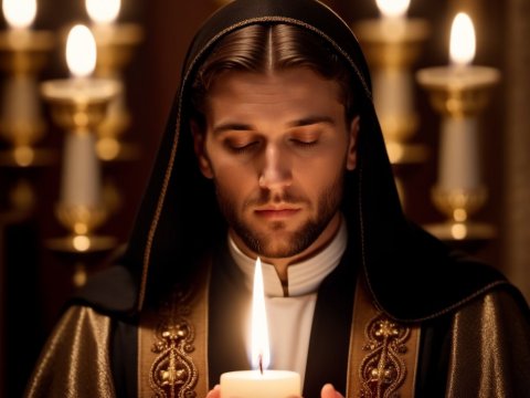 Serene Man Holding Candle in Ornate Religious Robe