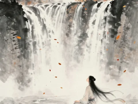 Serene Meditation by a Majestic Waterfall in Chinese Ink Style