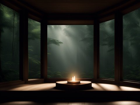 Serene Meditation Podium with Candlelight in Forest Setting
