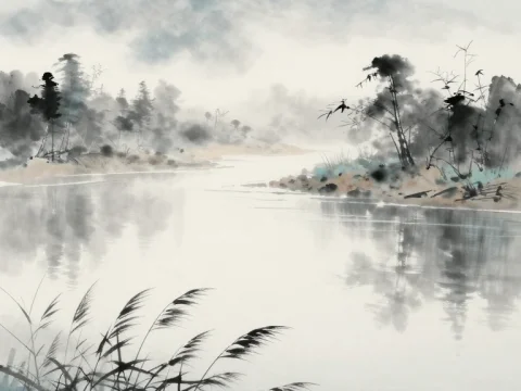 Serene Misty Mountain River Landscape