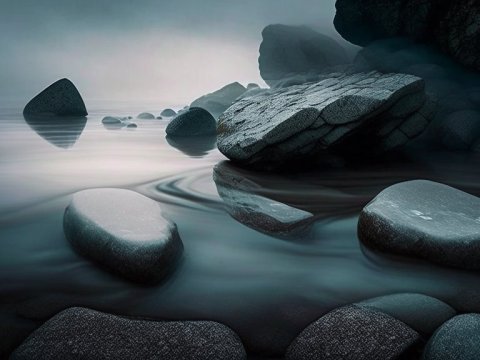Serene Misty River with Smooth Stones
