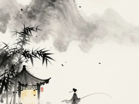 Serene Monk Fishing by Pavilion Under Full Moon