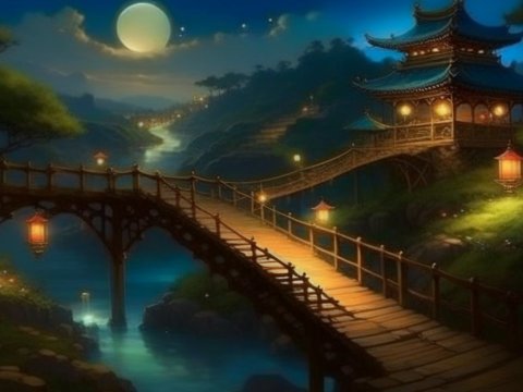 Serene Moonlit Bridge and Traditional Pavilion