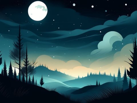 Serene Moonlit Night Over Rolling Hills