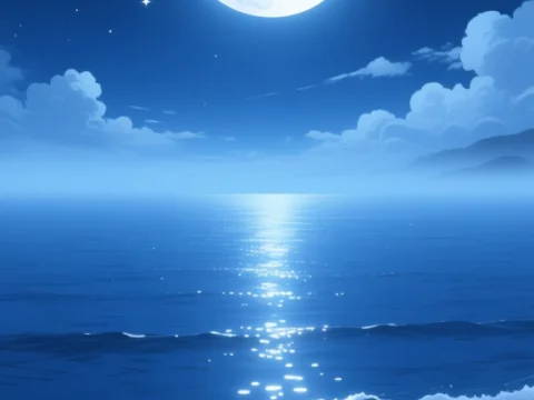 Serene Moonrise Over Calm Ocean at Night