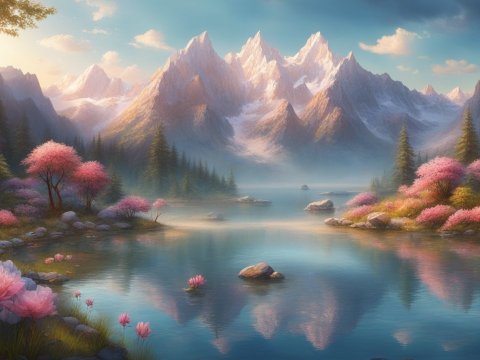 Serene Mountain Lake with Blossoming Trees