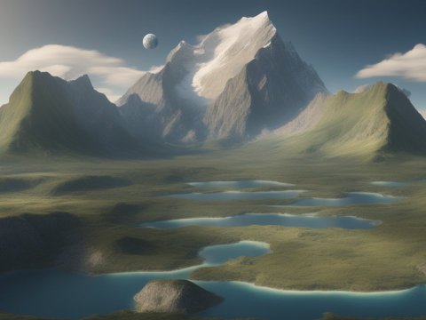 Serene Mountain Landscape with Lakes and Distant Moon