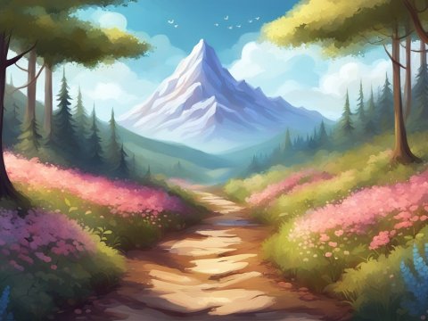 Serene Mountain Path Through Blooming Forest