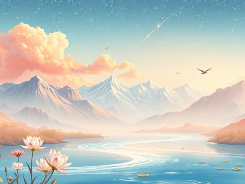 Serene Mountain River at Sunrise with Blossoming Flowers