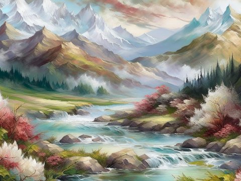 Serene Mountain River Landscape Painting